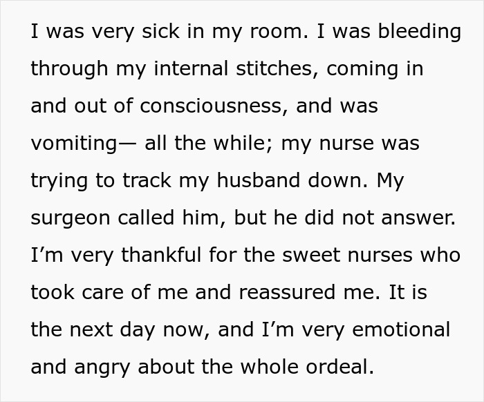 Text describing a woman's experience after surgery and lack of support from her husband.