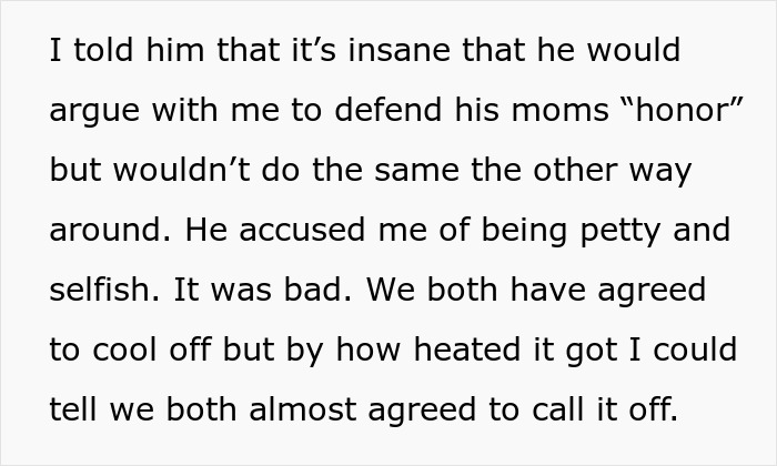 Text image discussing a couple's argument over wedding dress color to appease the groom's mother for comfort.