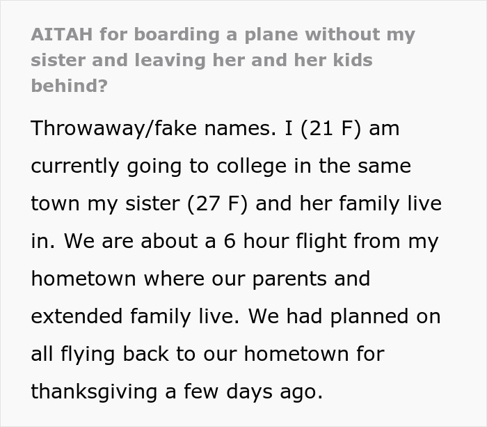 Text about a woman refusing to miss a flight due to her brother-in-law's alcohol problem.