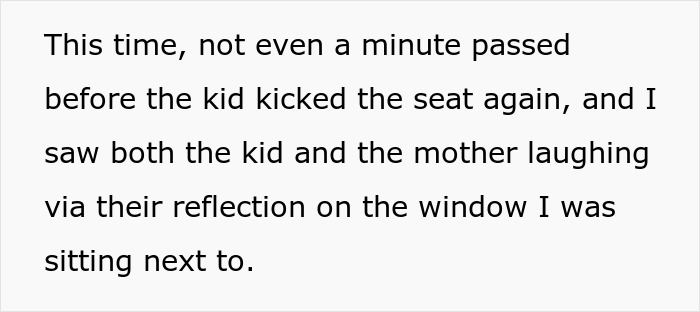 Text about a kid kicking a train seat, with reflections of the child and mom laughing in the window. Text about a kid kicking a train seat, with reflections of the child and mom laughing in the window.
