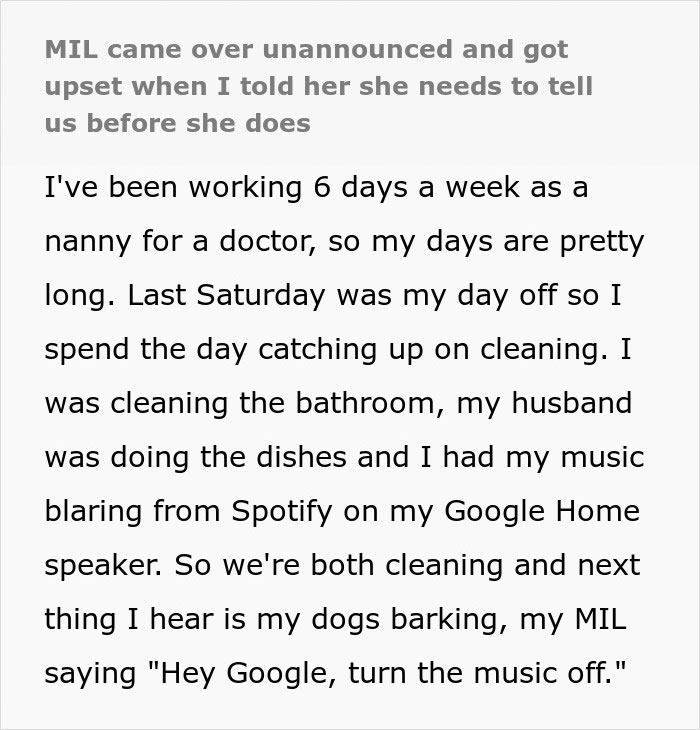 Text about MIL visiting unannounced, causing conflict over notification etiquette.