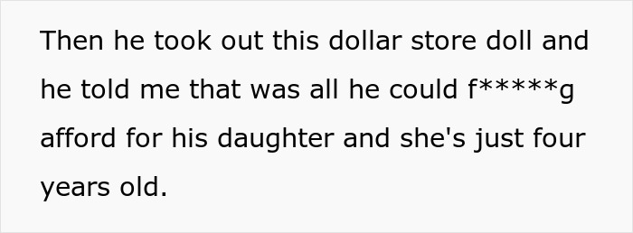 Text discussing a dollar store gift for a four-year-old daughter, referring to an affair child and the context of Christmas gifts. Text discussing a dollar store gift for a four-year-old daughter, referring to an affair child and the context of Christmas gifts.