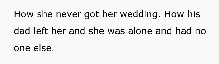 Text discussing a woman missing her wedding and feeling alone.