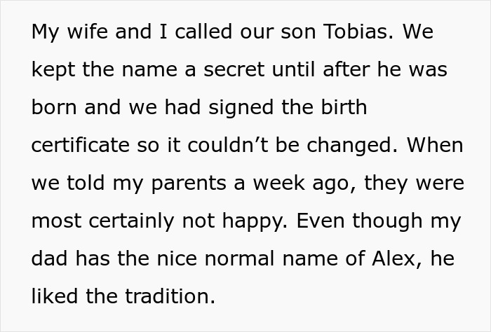 Text discussing a couple breaking family tradition by naming their baby Tobias, kept secret until after birth. Text discussing a couple breaking family tradition by naming their baby Tobias, kept secret until after birth.