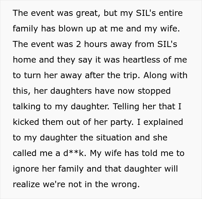 Text about an aunt and kids not RSVP'ing and being sent home from a costly birthday party.