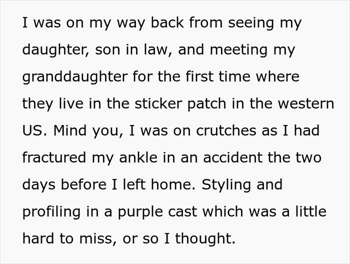 Text describing a woman returning from visiting family, navigating with crutches, and wearing a purple cast. Text describing a woman returning from visiting family, navigating with crutches, and wearing a purple cast.