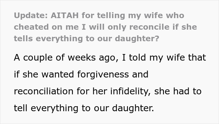 Text about a husband's condition for forgiving his wife's affair if she explains it to their daughter. Text about a husband's condition for forgiving his wife's affair if she explains it to their daughter.