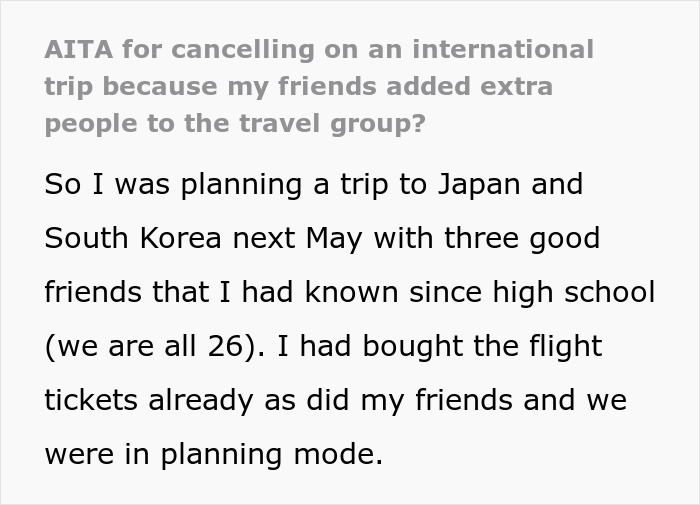 Text about canceling a Japan trip due to friends adding strangers to the group. Text about canceling a Japan trip due to friends adding strangers to the group.