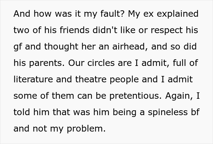 Text about a lady's ex and the awkwardness of skipping a friend's housewarming party due to his demands. Text about a lady's ex and the awkwardness of skipping a friend's housewarming party due to his demands.