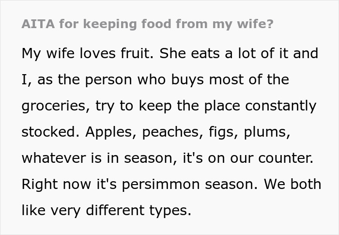 Text excerpt discussing husband's perspective on wife's fruit consumption and grocery habits.