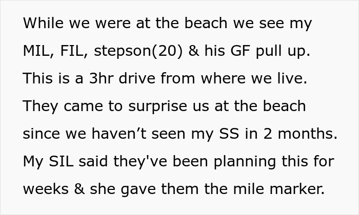 Text detailing in-laws arriving unexpectedly during a beach vacation.