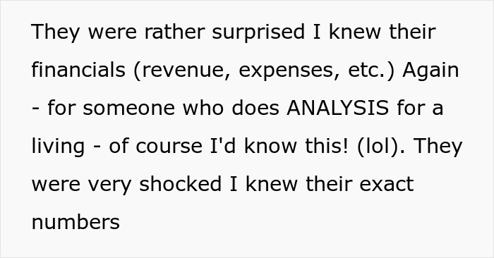 Candidate surprises interviewers with financial analysis skills, knowing exact company numbers during job expectations discussion.