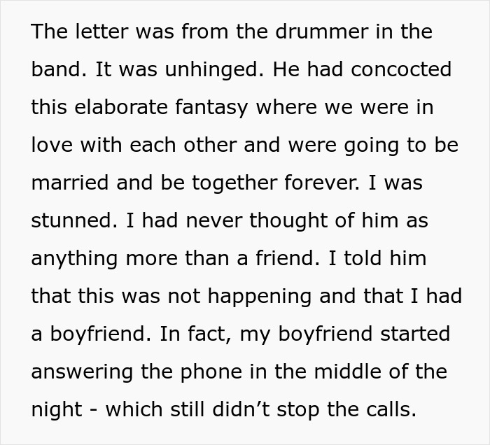 Text describing a woman's unsettling experience with a stalker from her youth.