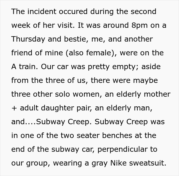 Text describing a subway incident involving a man in a gray Nike sweatsuit confronted by an outspoken woman.