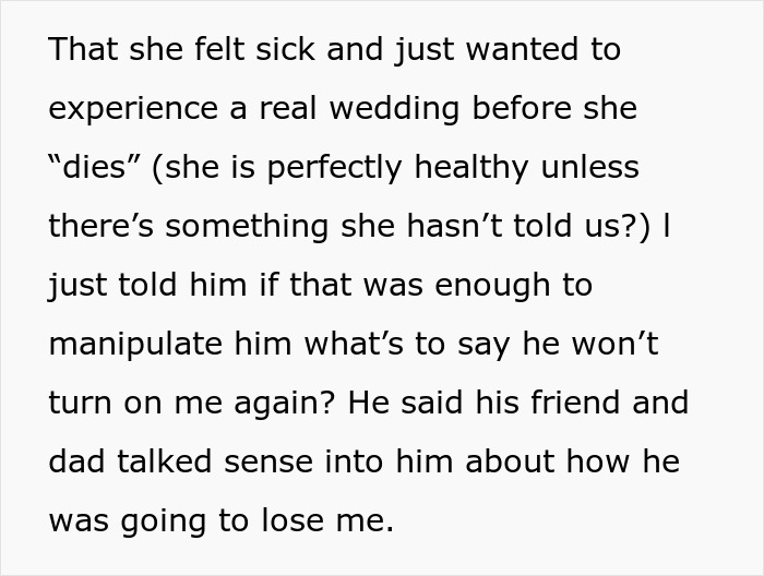 Text from a bride discussing her fianc&eacute;'s request about the white wedding dress for his mom's comfort.