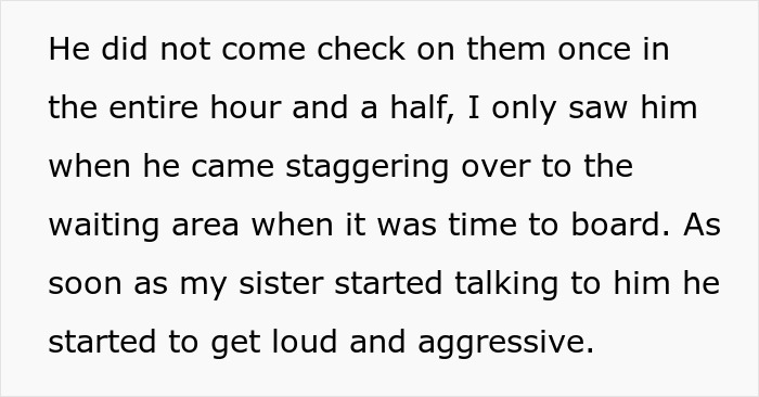 Text about a woman's experience with her drunk brother-in-law at the airport boarding area.