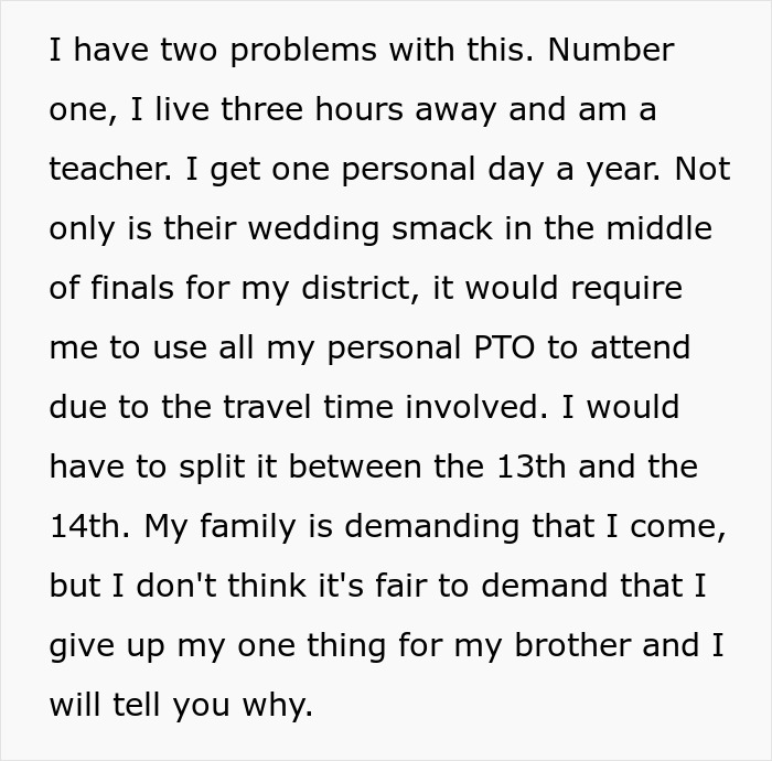 Text describing the dilemma of a teacher due to brother's wedding chores.