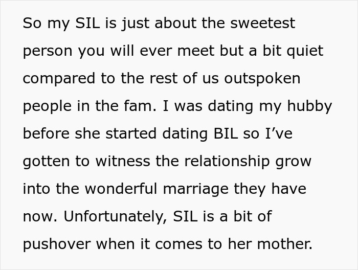 Text about a quiet sister-in-law who struggles with her assertive mother.