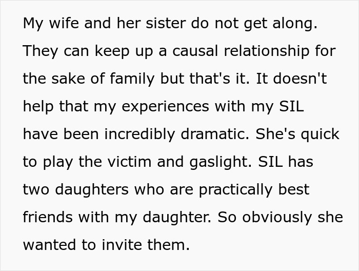 Text detailing family drama related to a costly birthday party and RSVP issues.