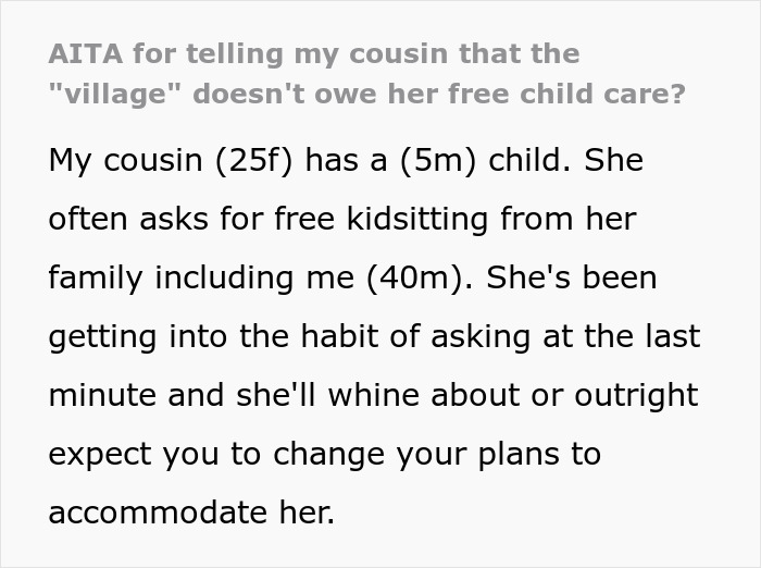 Text discussing a mother treating family as free babysitters, leading to a family conflict over childcare expectations.
