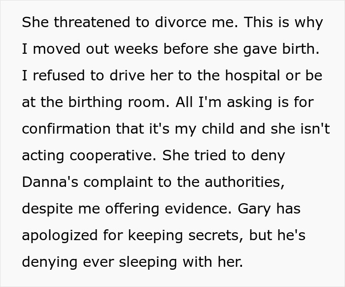 Text describing a husband's struggle with paternity doubts and a wife's refusal to take a test. Text describing a husband's struggle with paternity doubts and a wife's refusal to take a test.