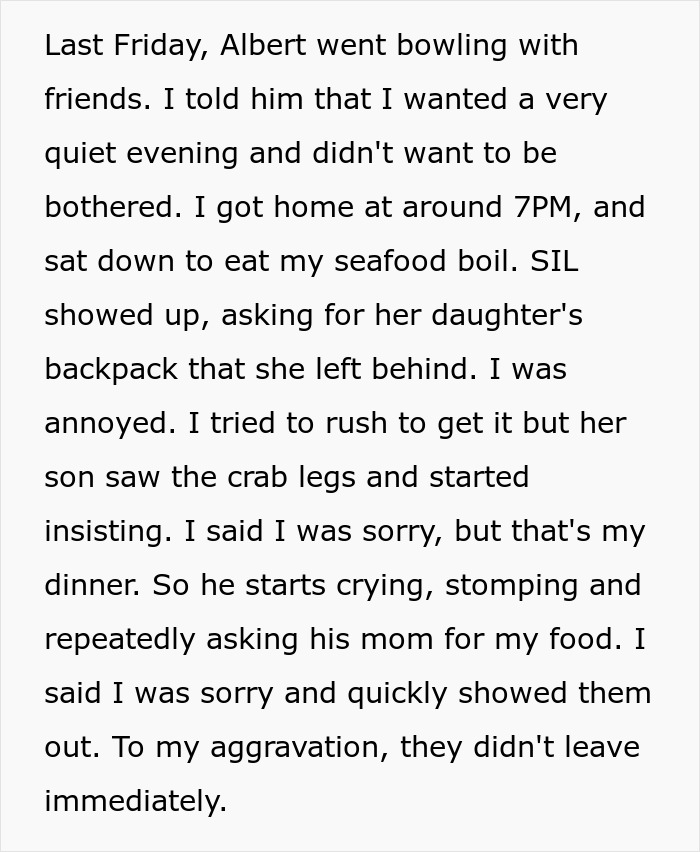 Text describes conflict with toxic sister testing boundaries over seafood boil dinner. Text describes conflict with toxic sister testing boundaries over seafood boil dinner.