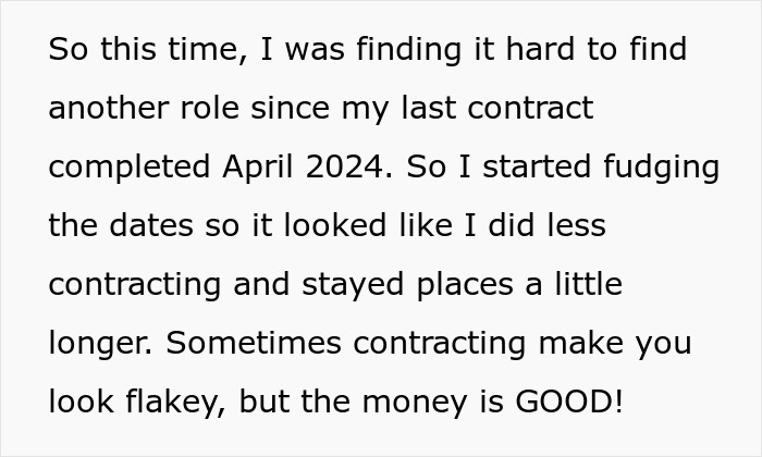 Text about lying on job applications and altering contract dates for better prospects.