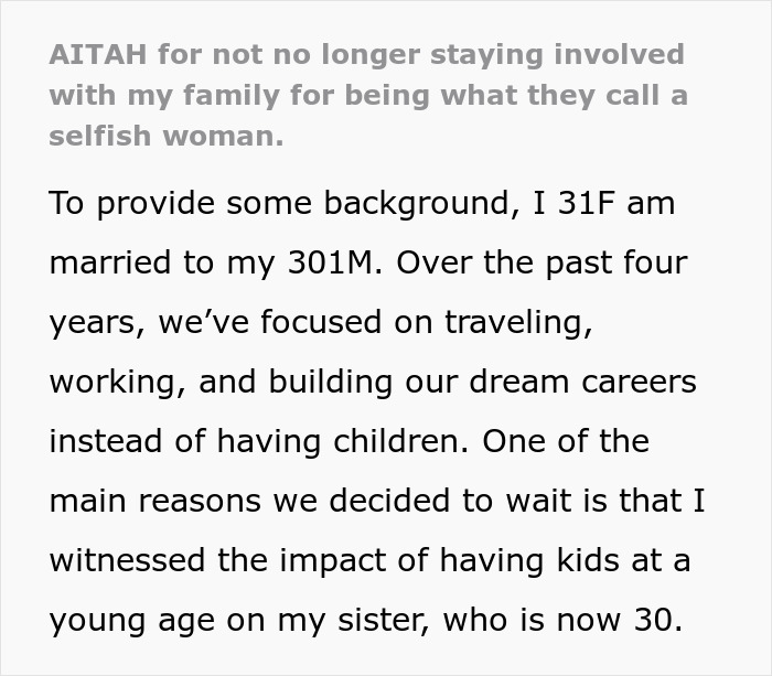 Text discussing a woman's choice to focus on career over having children, involving family conflict and personal decisions.