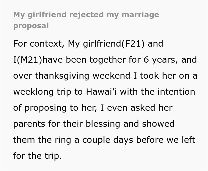 Text recounting a rejected proposal in Hawaii; girlfriend regrets decision later.