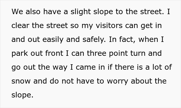 Text about snow shoveling for visitors' safe access on a sloped street.