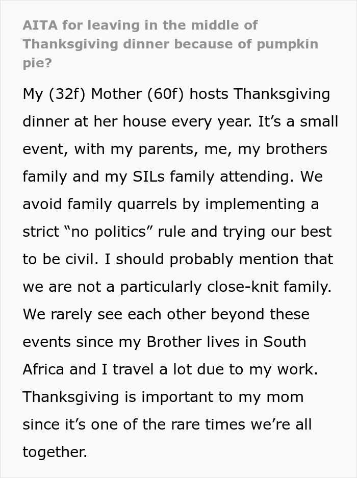 Thanksgiving dinner drama as lady leaves over pie conflict with family.