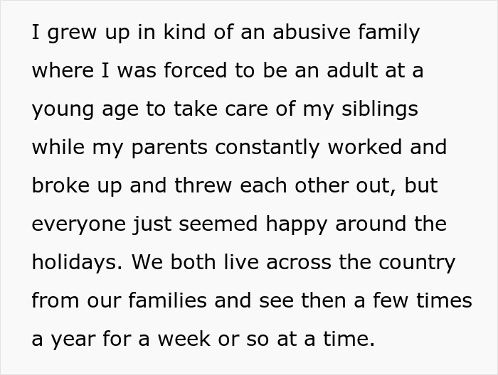 Text about growing up in an abusive family, early responsibilities, and limited family visits.