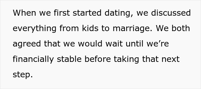 Text image discussing couple's agreement on delaying kids for financial stability; related to boyfriend hides birth control pills.