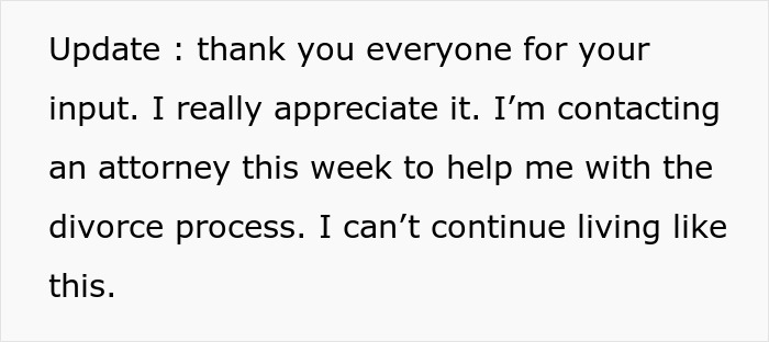 Text update about contacting an attorney for divorce due to marital issues.