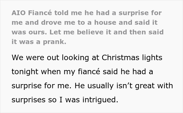 Text describing a fianc&eacute; surprise house prank, revealing the ruse after an exciting setup with Christmas lights.