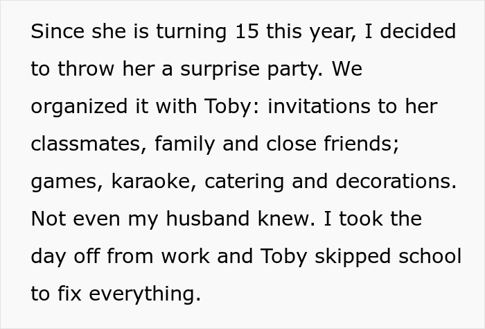 Text about a surprise 15th birthday party plan with invitations, games, and decorations.