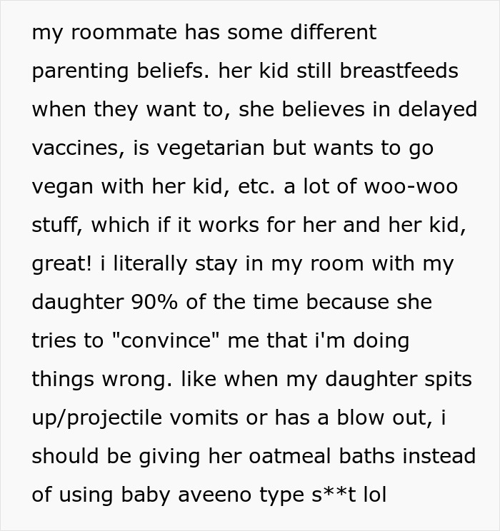 Text about parenting beliefs, breastfeeding, vaccines, and veganism from a roommate who thinks baby formula is poison. Text about parenting beliefs, breastfeeding, vaccines, and veganism from a roommate who thinks baby formula is poison.