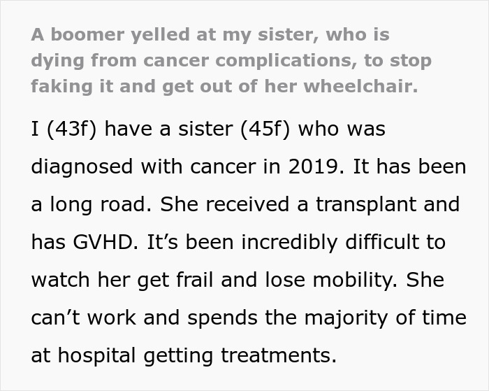 Boomer yells at woman with cancer to stop faking and get up from her wheelchair, despite her serious condition.