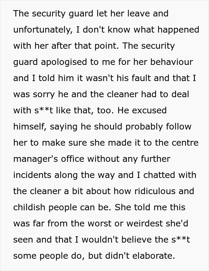 Text describing a situation involving an angry woman demanding a seat at a shopping mall.