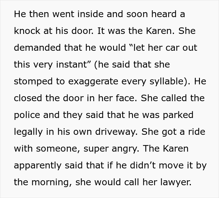 Text describing an angry confrontation over parking in a driveway with legal implications.