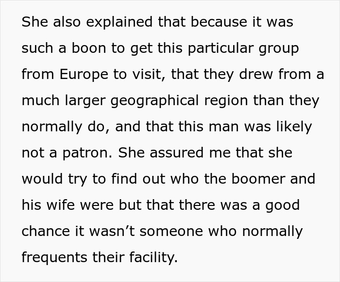 Text discussing a group's visit from Europe and an incident involving a boomer at a facility.