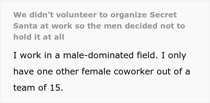 Text about female employees refusing to organize Secret Santa at a male-dominated workplace.