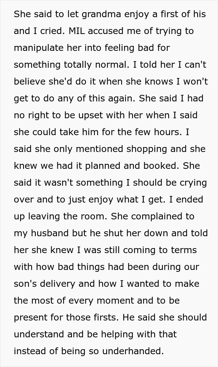 New mom accused of being manipulative after becoming upset over missing her baby's milestones. New mom accused of being manipulative after becoming upset over missing her baby's milestones.