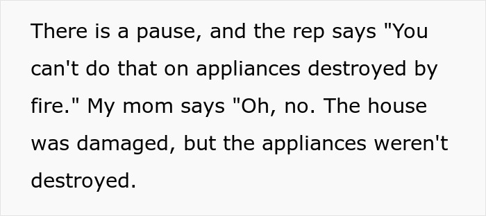 Text exchange about fire-damaged appliances and a mom's witty response.
