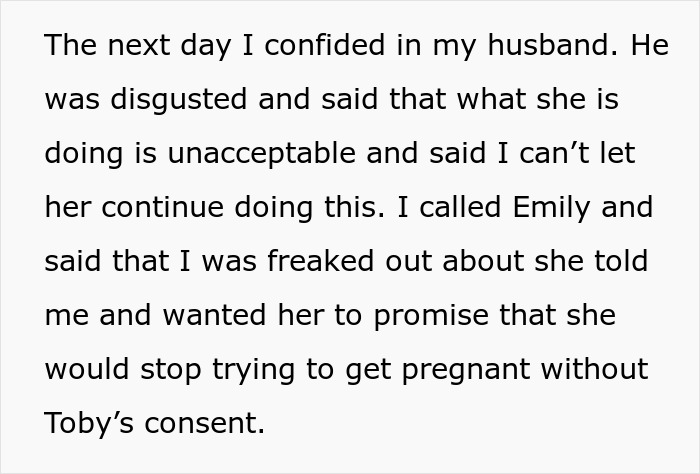 Text message about a woman using her husband's condoms to get pregnant, discussing consent and relationship issues.