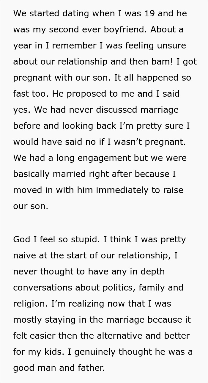 Text about a naive start to marriage and unexpected pregnancy, reflecting on relationship decisions.