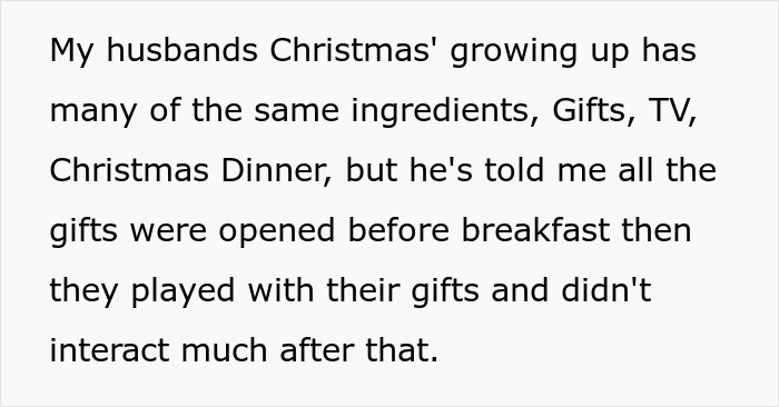 Text describing husband's childhood Christmas traditions with gifts and TV.