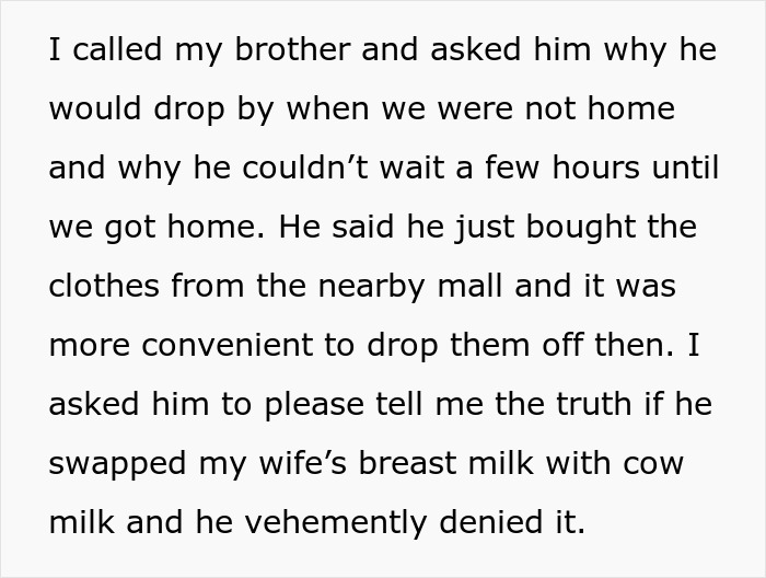 Text about brother denying swapping wife's breast milk with cow milk. Text about brother denying swapping wife's breast milk with cow milk.