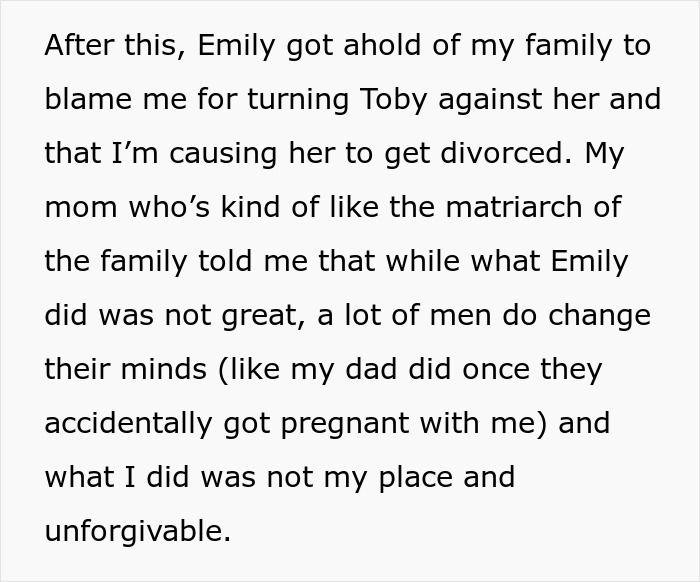 Text about family dynamics and blame related to a woman's actions and a man's divorce plans.