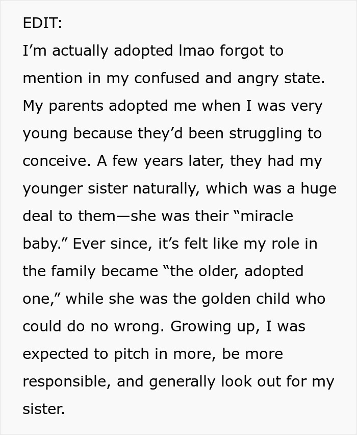 Text describing adoption and family dynamics, highlighting financial and sibling responsibilities.